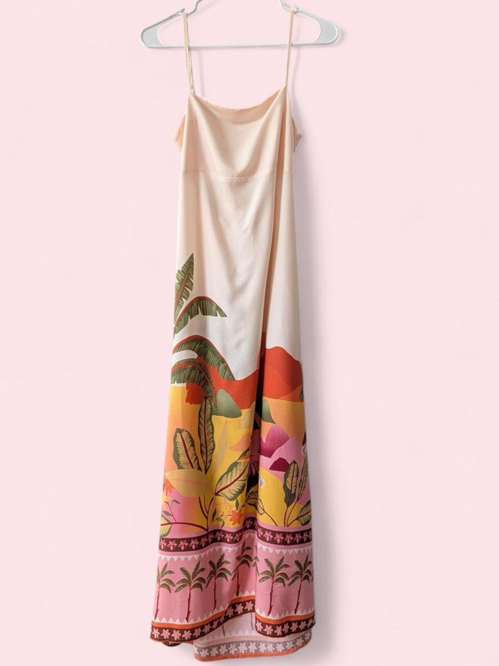 Paper Heart Palm Landscape Maxi Dress XS Tropical Open Back Tie Dress